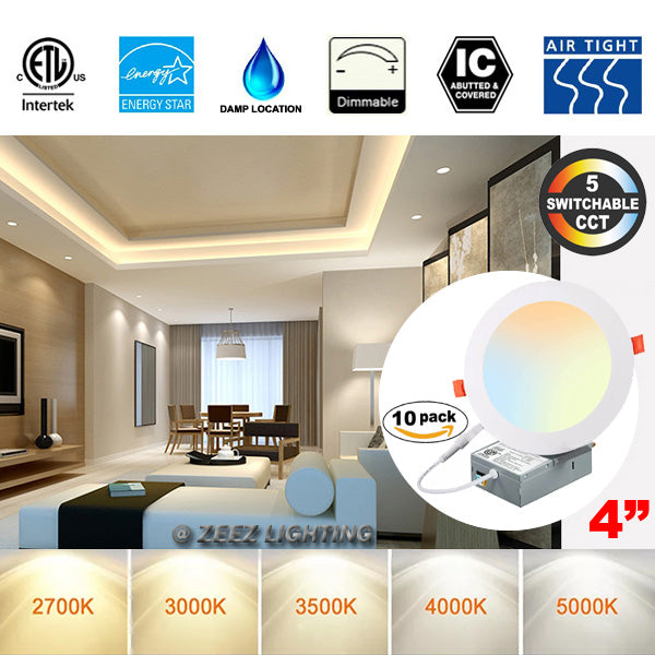 ZEEZ Lighting - 4-Inch 9W 780LM / 6-Inch 15W 1275LM / 8-Inch 18W 1900LM Selectable 5CCT Dimmable LED Recessed Light Canless Ceiling Panel Downlight w/ Junction Box 