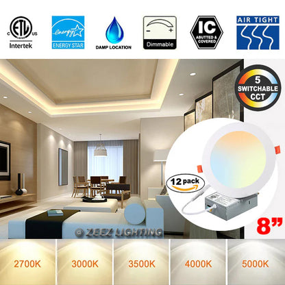 ZEEZ Lighting - 4-Inch 9W 780LM / 6-Inch 15W 1275LM / 8-Inch 18W 1900LM Selectable 5CCT Dimmable LED Recessed Light Canless Ceiling Panel Downlight w/ Junction Box ETL Listed