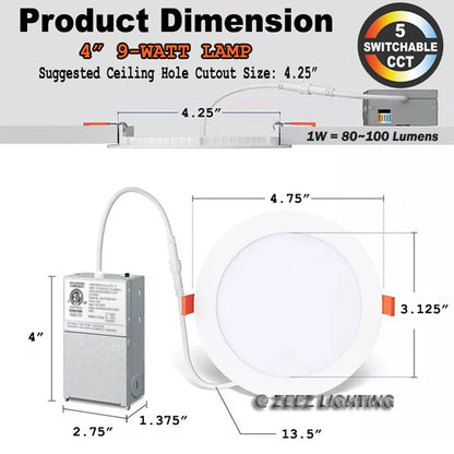 ZEEZ Lighting - 4-Inch 9W 780LM / 6-Inch 15W 1275LM / 8-Inch 18W 1900LM Selectable 5CCT Dimmable LED Recessed Ceiling Panel Light Canless Downlight w/ Junction Box ETL Listed