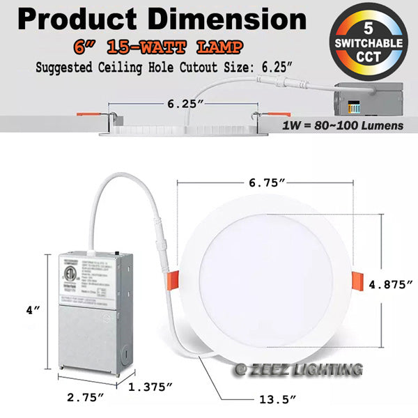 ZEEZ Lighting - 4-Inch 9W 780LM / 6-Inch 15W 1275LM / 8-Inch 18W 1900LM Selectable 5CCT Dimmable LED Recessed Ceiling Panel Light Canless Downlight w/ Junction Box 