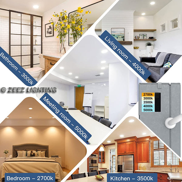 ZEEZ Lighting - 4-Inch 9W 780LM / 6-Inch 15W 1275LM / 8-Inch 18W 1900LM Selectable 5CCT Dimmable LED Recessed Ceiling Panel Light Canless Downlight w/ Junction Box 