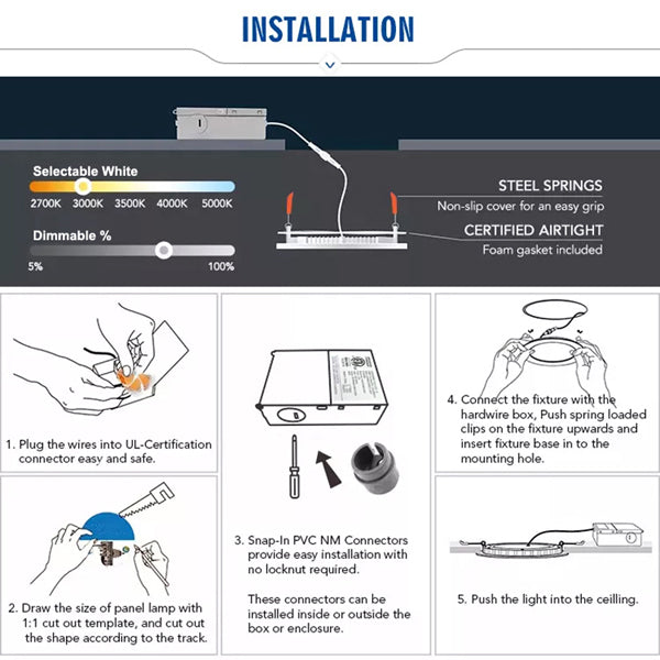 ZEEZ Lighting - 4-Inch 9W 780LM / 6-Inch 15W 1275LM / 8-Inch 18W 1900LM Selectable 5CCT Dimmable LED Recessed Ceiling Panel Light Canless Downlight w/ Junction Box 